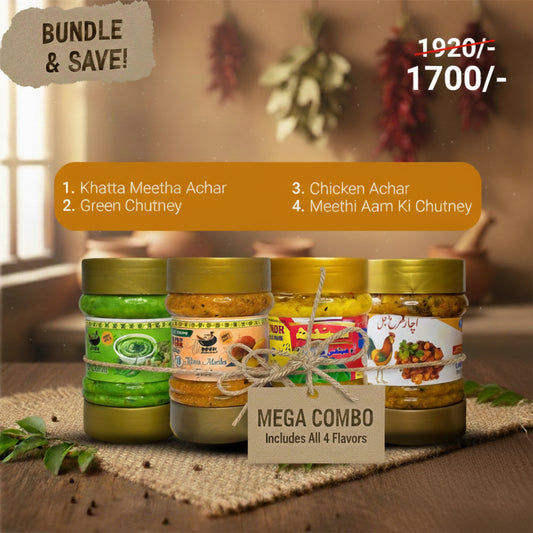 Meethay Aam ki chutney+Khatta meetha Achar+Green chutney+Chicken Achar